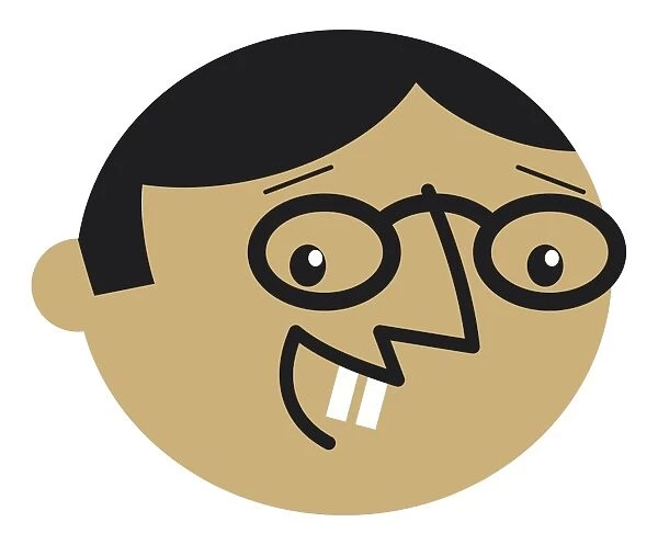 Digital cartoon of man with large protruding front teeth, and round spectacles