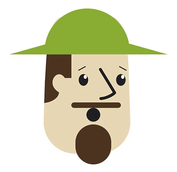 Digital cartoon of man with moustache and goatee, raised eyebrows and open mouth, wearing a green hat