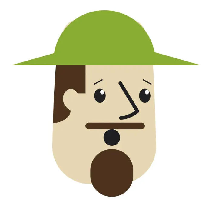 Framed Print : Digital cartoon of man with moustache and goatee, raised eyebrows and open mouth, wearing a green hat