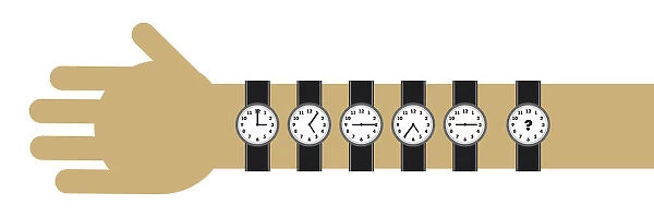 Digital cartoon of six watches on wrist and arm showing different times and question mark