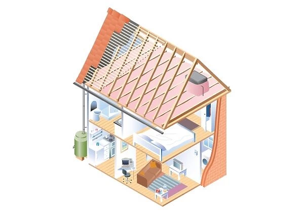 Digital cross section illustration of house interior, attic and drainpipe connected from guttering to water butt below