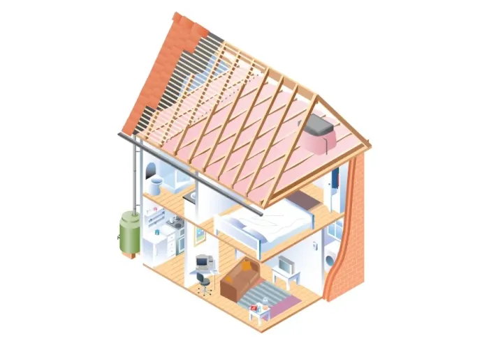 Framed Print : Digital cross section illustration of house interior, attic and drainpipe connected from guttering to water butt below Framed Print : Digital cross section illustration of house interior, attic and drainpipe connected from guttering to water butt below