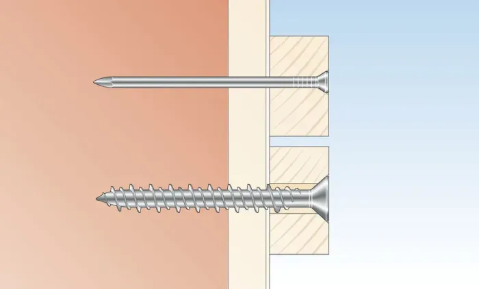 Framed Print : Digital cross section illustration of round head masonry nail and flat head screw inserted through timber and wall Framed Print : Digital cross section illustration of round head masonry nail and flat head screw inserted through timber and wall