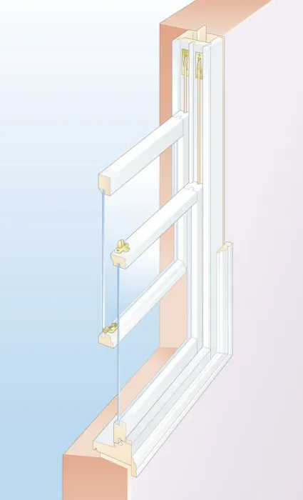 Framed Print : Digital cross section illustration showing inner and outer sash, sill, pulley stile, architrave, sash cord, glass, parting and staff beads of sash window