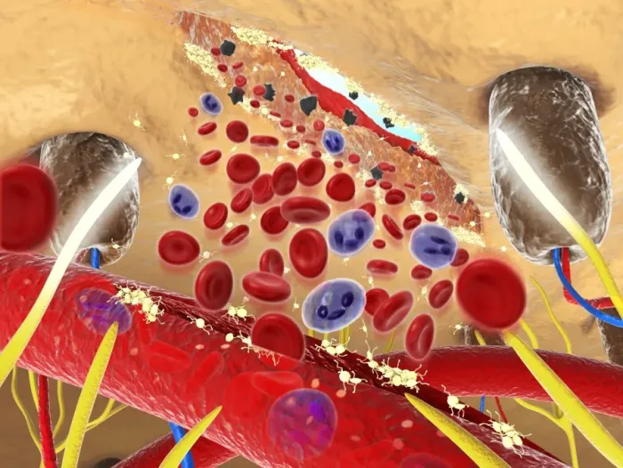 Framed Print : Digital cross section illustration wound below human skin showing red and white blood cells and yell