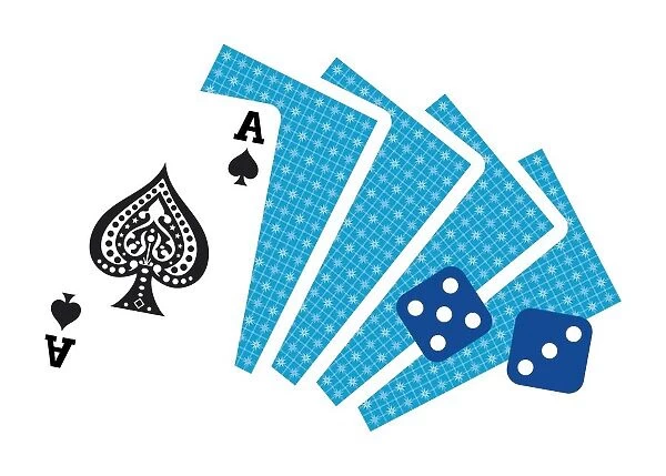 Digital illustration of ace of spades and two dice on top of face down cards