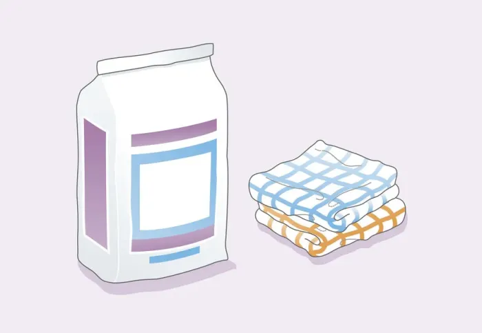 Framed Print : Digital illustration of bag containing powdered grout, and two folded rags