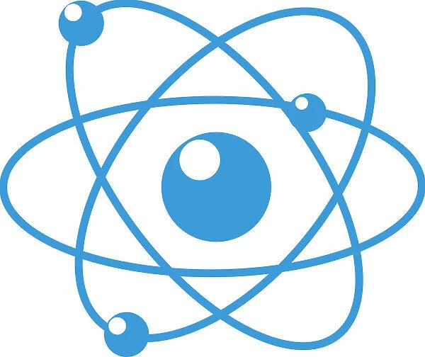 Digital illustration of blue atom on white background