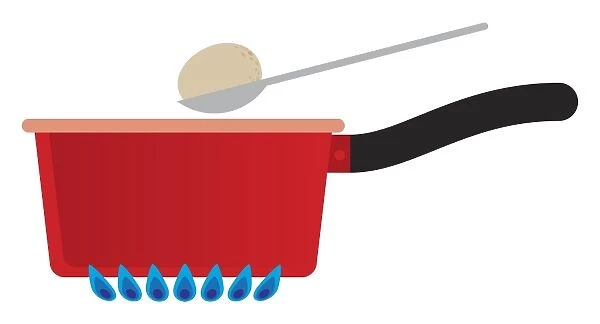 Digital illustration of boiled egg on spoon above red saucepan