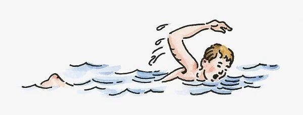 Digital illustration of boy swimming front crawl in sea
