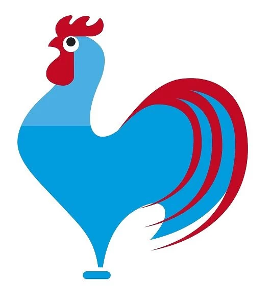 Digital illustration of a brightly coloured blue and red cockerel