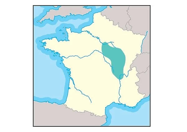 Digital illustration of Burgundy wine region in France, shown in blue