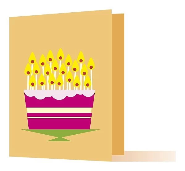Digital illustration of burning candle on cake on greeting card