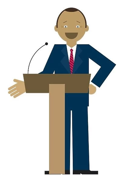 Digital illustration of businessman giving speech from lectern