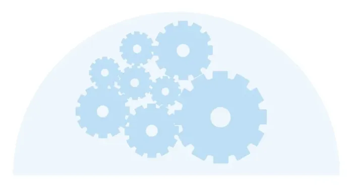 Framed Print : Digital illustration of cogs in blue semi circle Framed Print : Digital illustration of cogs in blue semi circle