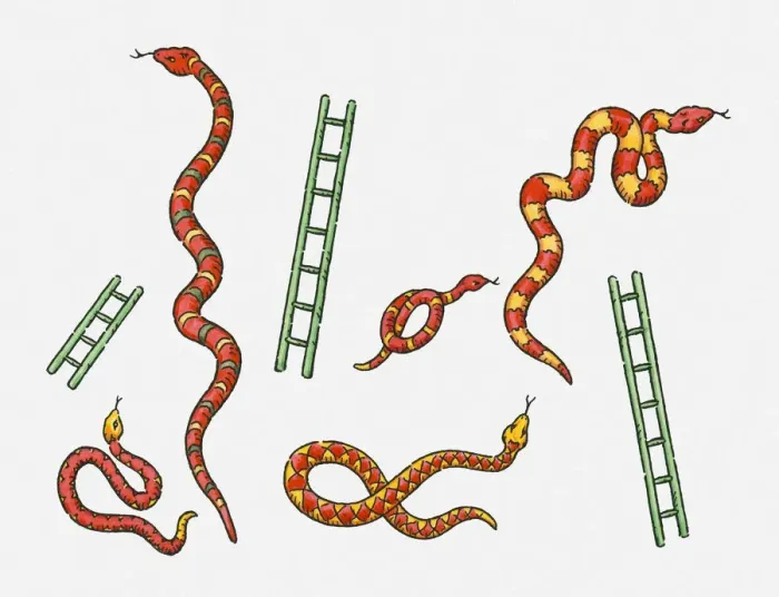 Framed Print : Digital illustration of colourful snakes and green ladders