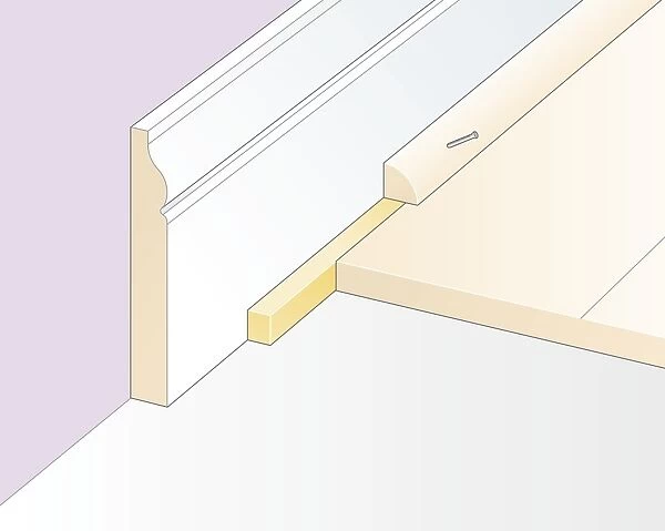 Digital Illustration of cork expansion strip, and quadrant moulding nailed to skirting board