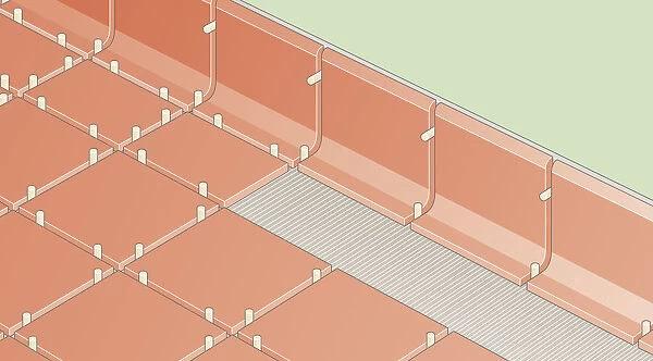 Digital illustration of cove base at the edge of partially tiled floor, close-up