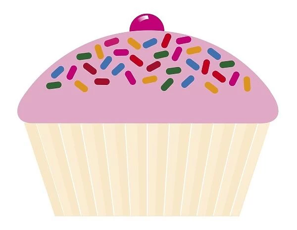 Digital illustration of cupcake with pink icing, hundreds and thousands and cherry on top