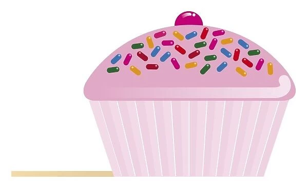 Digital illustration of cupcake with pinks icing, hundreds and thousands and cherry on top