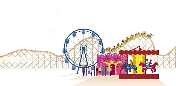 Digital illustration of fairground attractions at amusement park