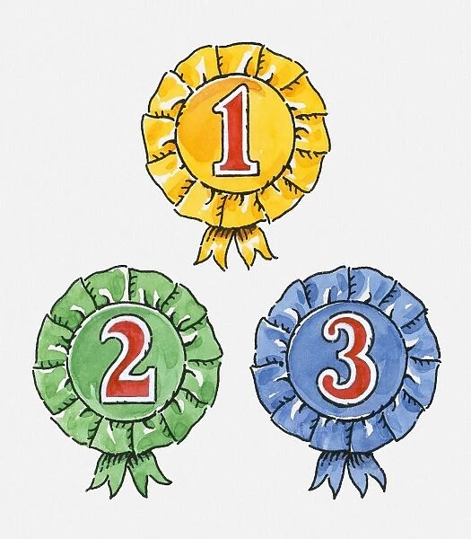 Digital illustration of first, second and third place rosettes