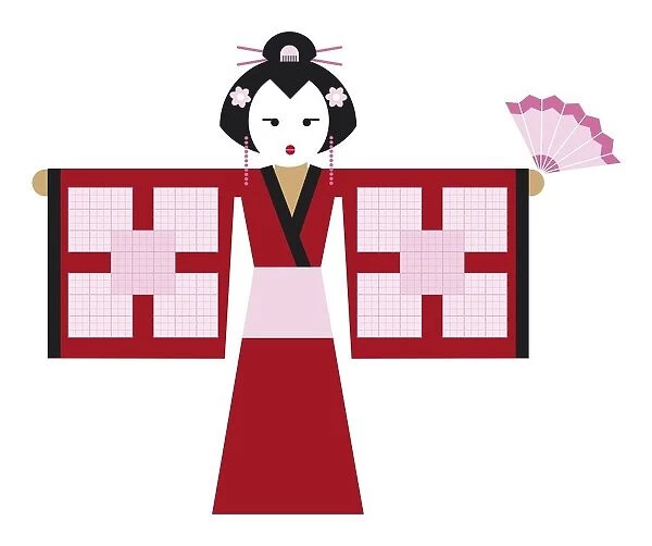 Digital illustration of Geisha with soduku grids on kimono sleeves