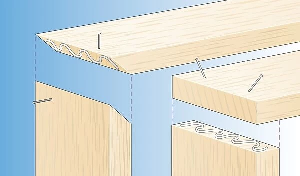 Digital illustration of glue on butt joint reinforced with nails, for basic wood framework