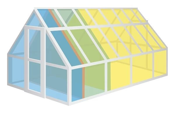 Digital illustration of greenhouse representing gas emissions by weight showing Nitrous Oxide (blue), Artificial Gases (orange) Methane (green), Carbon Dioxide (Yellow)