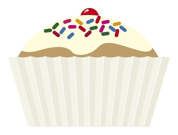 Digital illustration of iced cupcake with hundreds and thousands and cherry on top