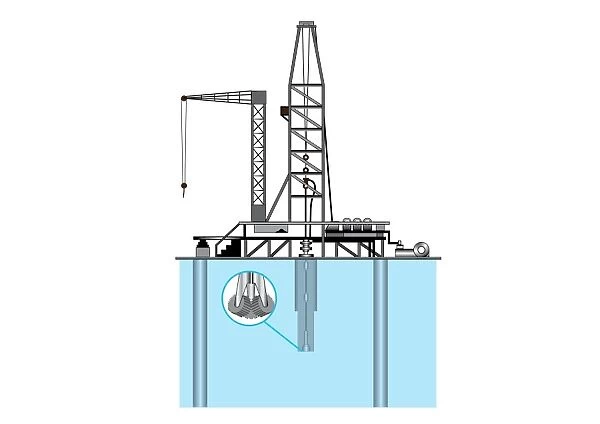 Digital illustration of jackup oil rig designed to extract oil from shallow water