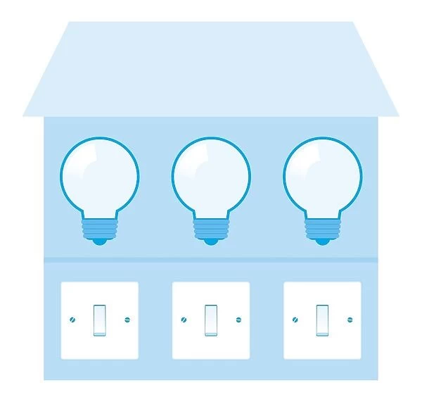 Digital illustration of lightbulbs and light switches on blue house