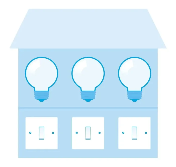 Framed Print : Digital illustration of lightbulbs and light switches on blue house Framed Print : Digital illustration of lightbulbs and light switches on blue house