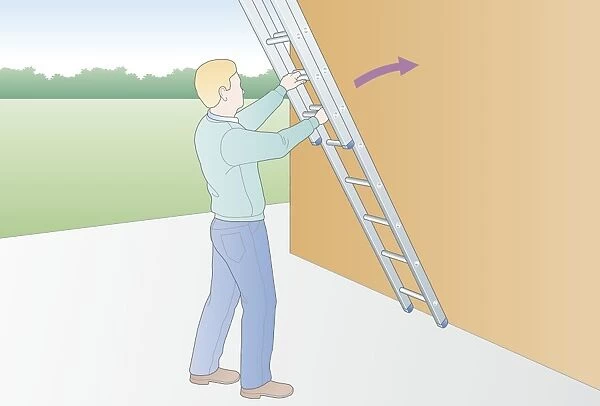 Digital illustration of man holding extension ladder against outside wall