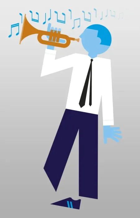 Framed Print : Digital illustration of man playing brass trumpet with musical notes above head Framed Print : Digital illustration of man playing brass trumpet with musical notes above head