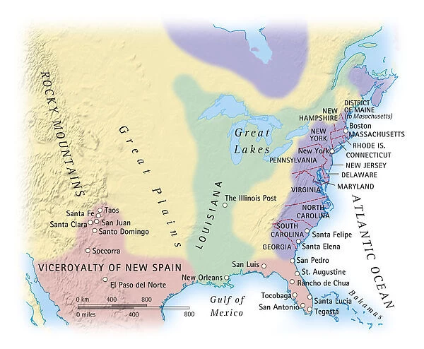 Digital illustration of map showing 15th century European colonization of the Americas