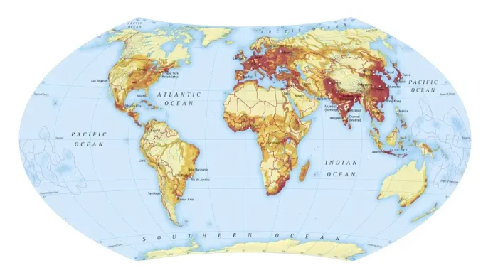 Framed Print : Digital illustration of map showing world population areas Framed Print : Digital illustration of map showing world population areas