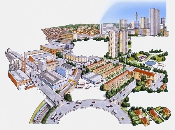Digital illustration of modern city showing roads, industrial, business, and residential development