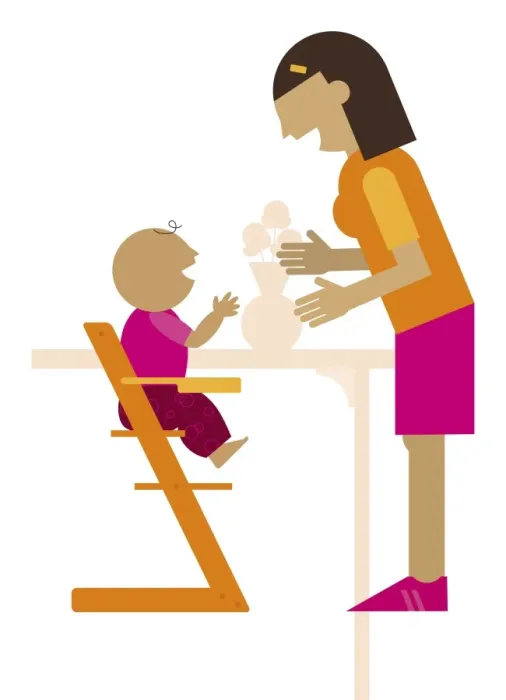 Framed Print : Digital illustration of mother reaching out to baby sitting in high chair Framed Print : Digital illustration of mother reaching out to baby sitting in high chair