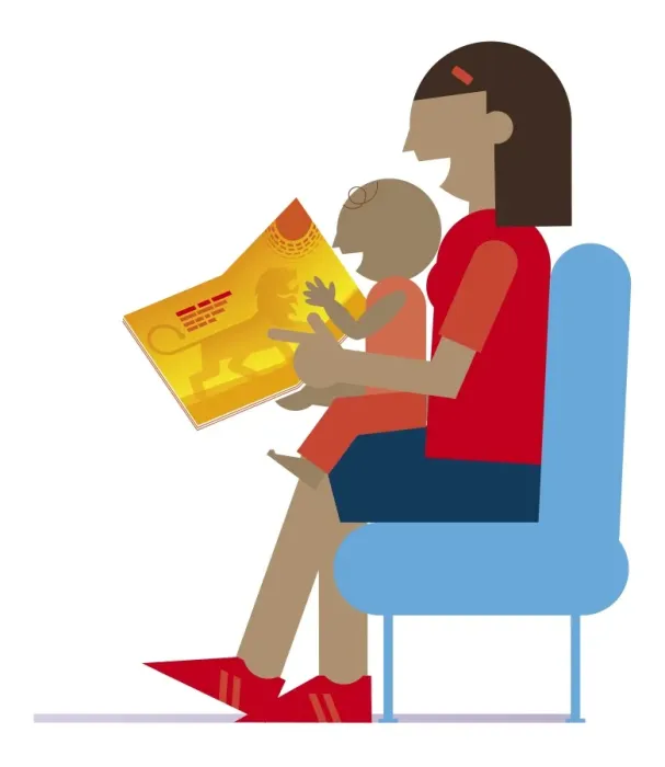 Framed Print : Digital illustration of mother reading book to baby sitting on lap Framed Print : Digital illustration of mother reading book to baby sitting on lap