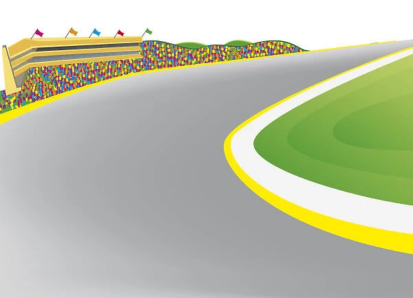 Digital illustration of part of motor racing track with representation of spectators, and grand stand