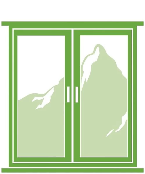 Digital illustration of mountain seen through closed window on white background