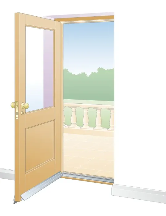 Framed Print : Digital illustration of open door showing draughtproofing foam strip surrounding frame, and brush threshold strip on bottom edge Framed Print : Digital illustration of open door showing draughtproofing foam strip surrounding frame, and brush threshold strip on bottom edge