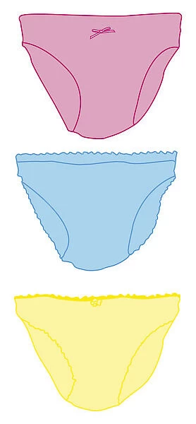 Digital illustration of three pairs of colourful pink, blue and yellow knickers