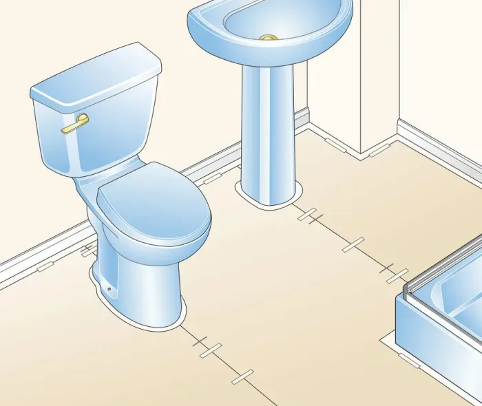 Framed Print : Digital illustration of paper template taped to bathroom floor surrounding toilet and sink Framed Print : Digital illustration of paper template taped to bathroom floor surrounding toilet and sink