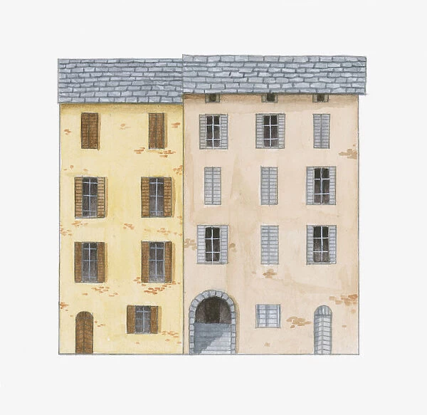 Digital illustration of patriarchal houses in Castagniccia region on the island of Corsica built to hold several families