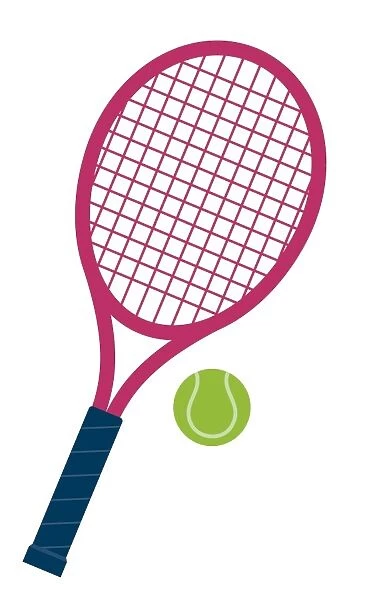 Digital illustration of pink and blue tennis bat and green ball