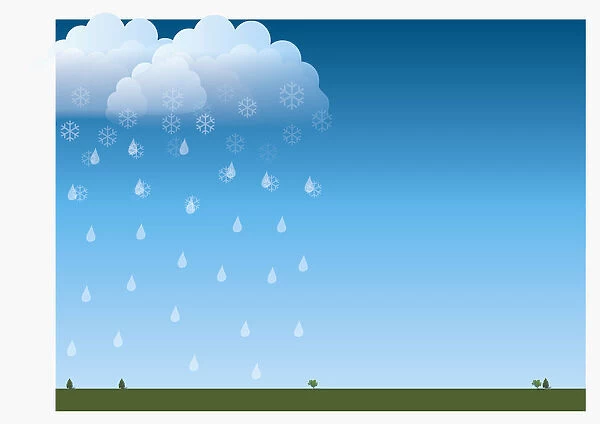 Digital illustration of rain and sleet falling from cloud