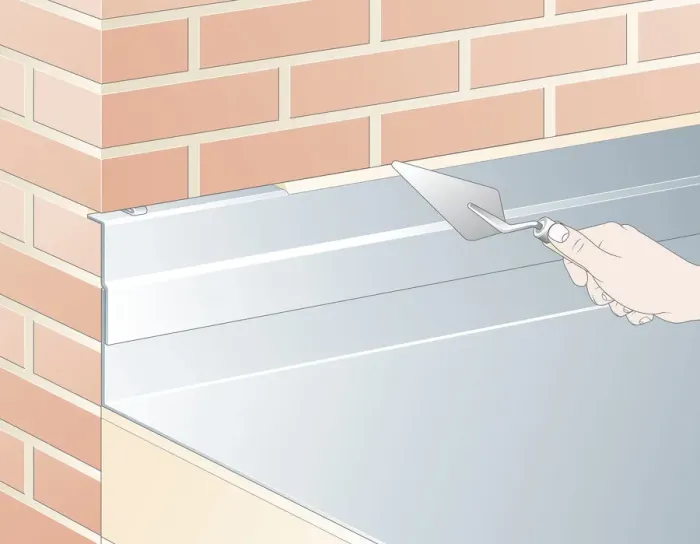 Framed Print : Digital illustration of repointing mortar joint around metal flashing above extension roof using trowel Framed Print : Digital illustration of repointing mortar joint around metal flashing above extension roof using trowel
