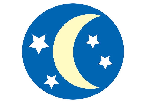 Digital illustration representing crescent moon and stars in blue circle